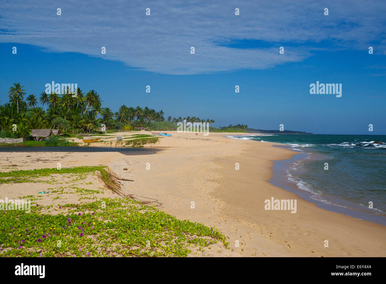 Capanne e palme su una lunga deserta spiaggia sabbiosa a est di Tangalle, South Coast, Sri Lanka, Sud Asia Foto Stock