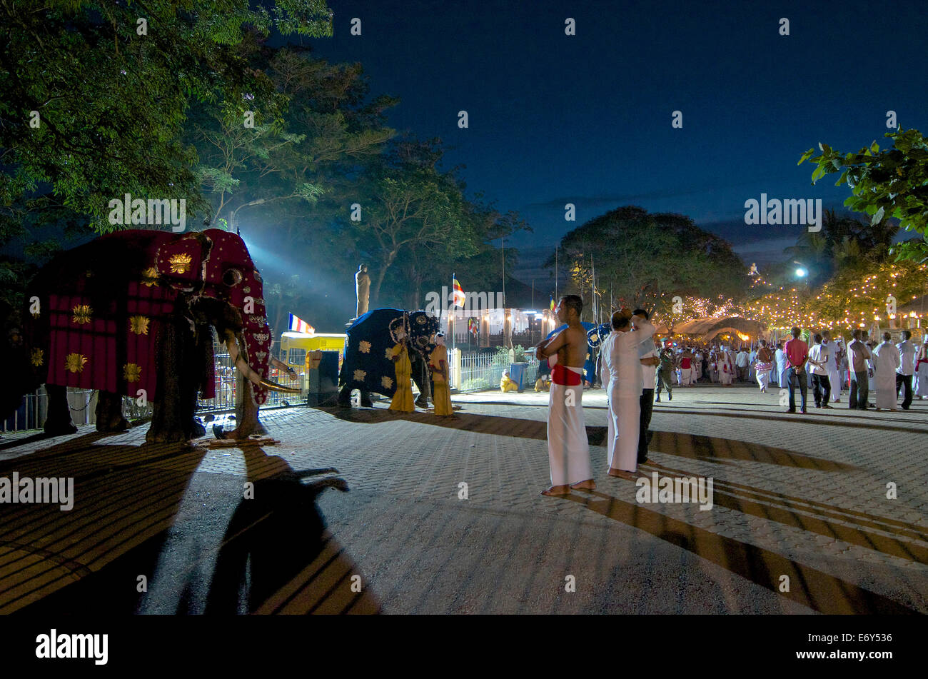 Elefants vestite per la perahera davanti al tempio del Dente Sri Dalada Maligawa, Kandy, Sri Lanka Foto Stock