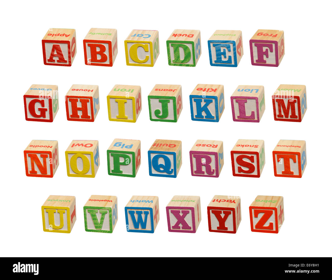 Lettera ABC blocchetti di legno isolato su sfondo bianco. Foto Stock