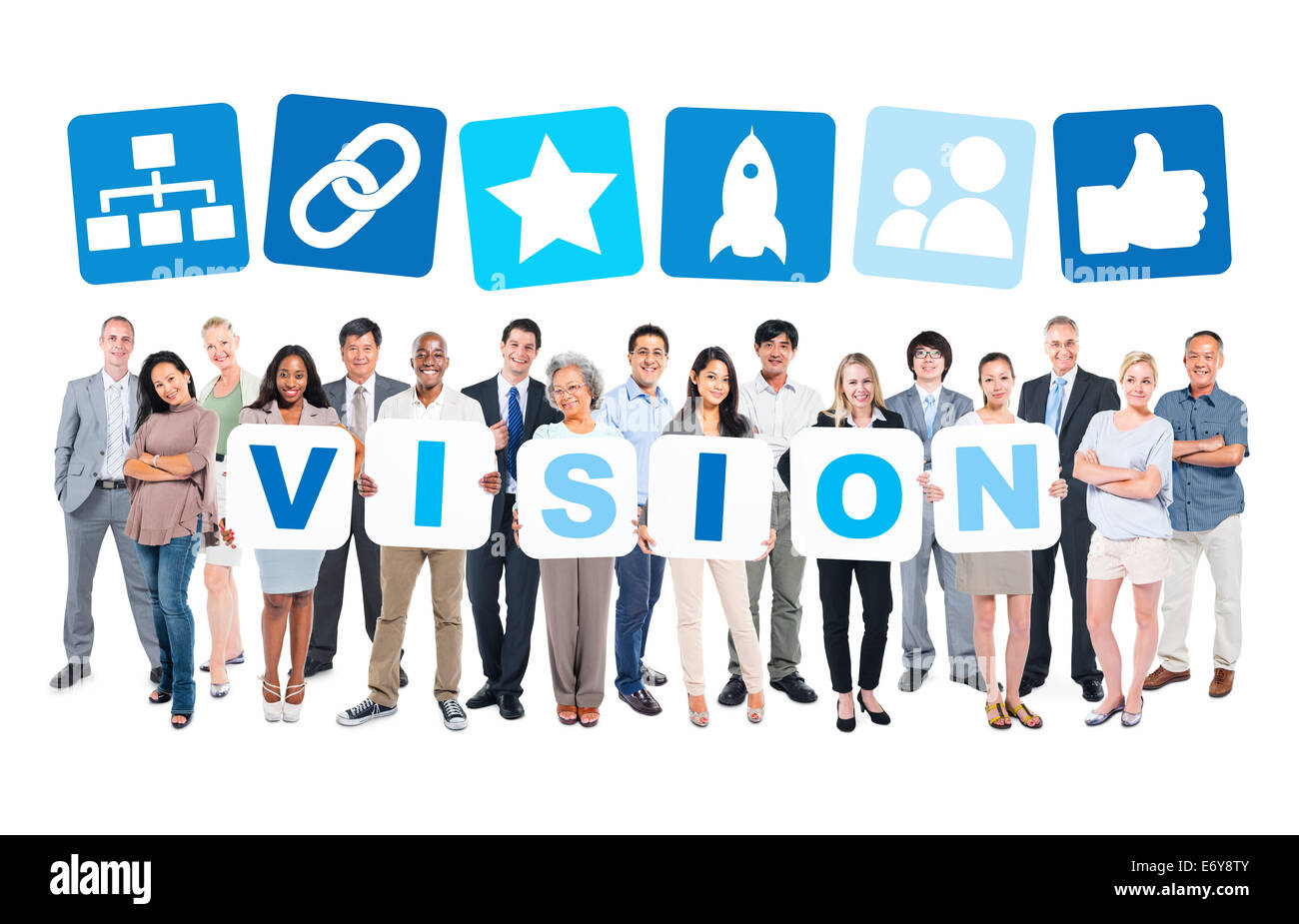 Gruppo di Multi-Ethnic Gruppo di Business Persone azienda cartelloni visione di formatura e i relativi simboli sopra Foto Stock