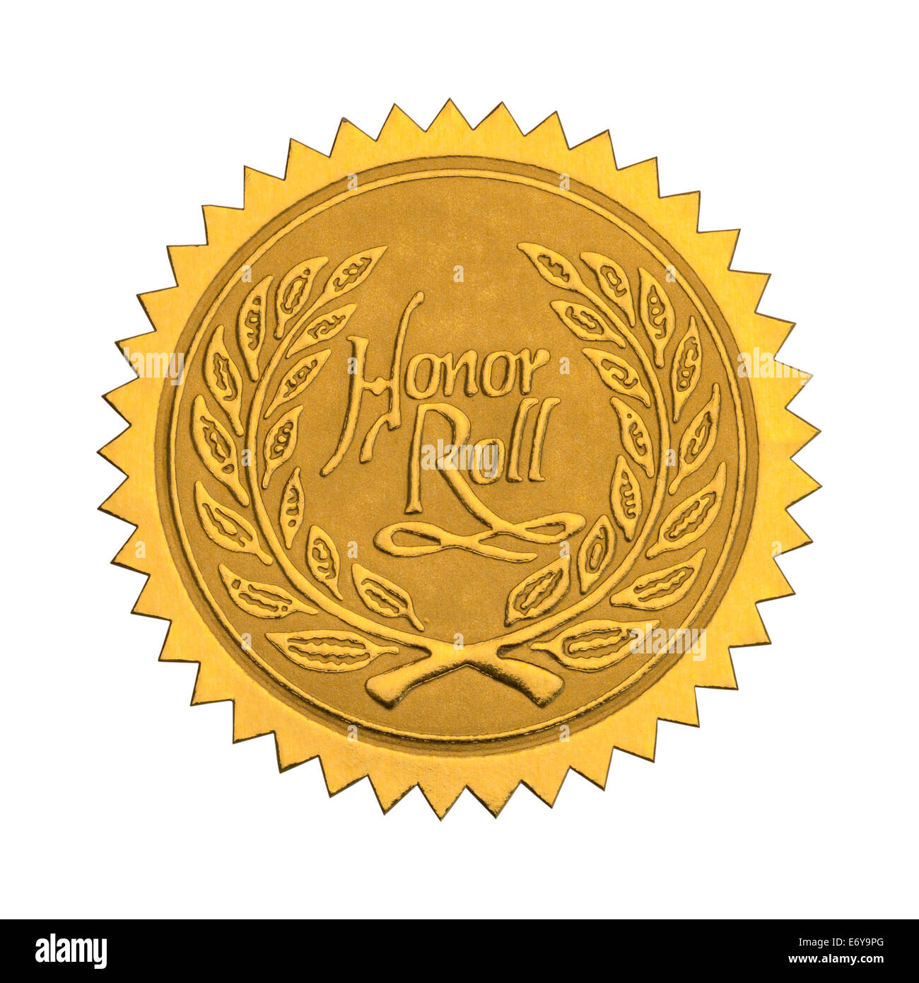 Stella d'oro Tenuta con onore rotolo corona isolati su sfondo bianco. Foto Stock