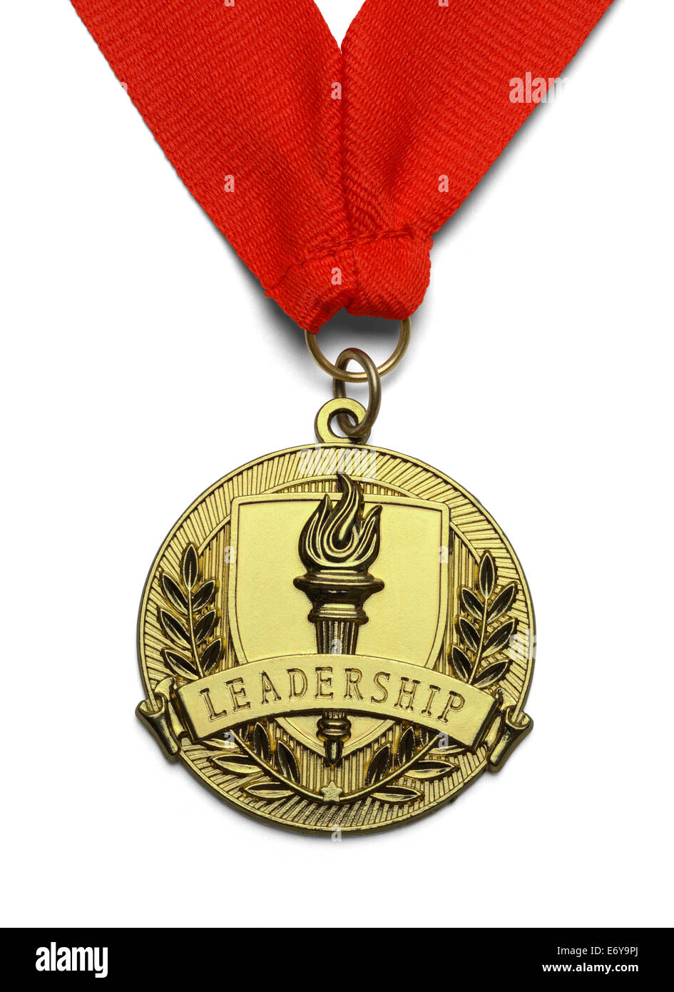 Medaglia d'oro con torcia e Leadership isolati su sfondo bianco. Foto Stock