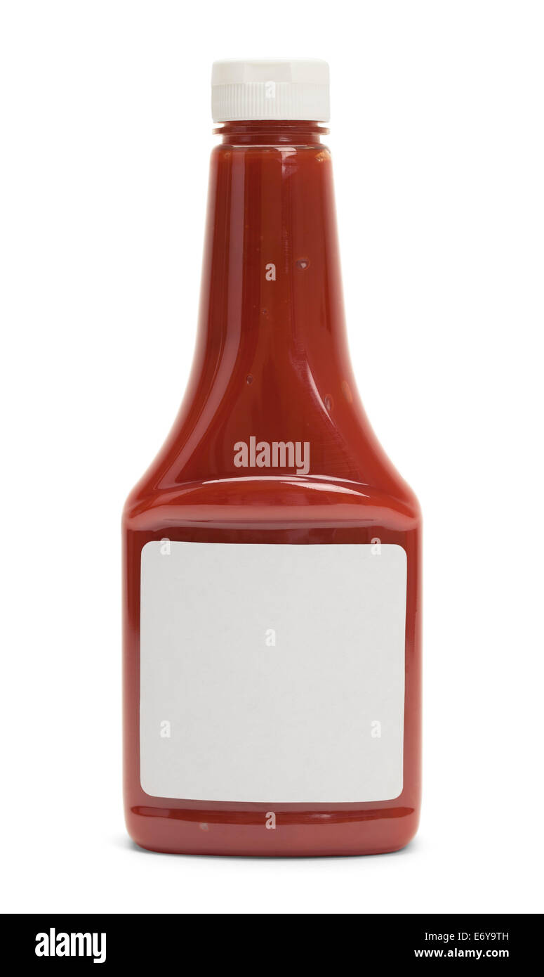 Vista frontale della piena bottiglia di ketchup con copia spazio isolato su sfondo bianco. Foto Stock