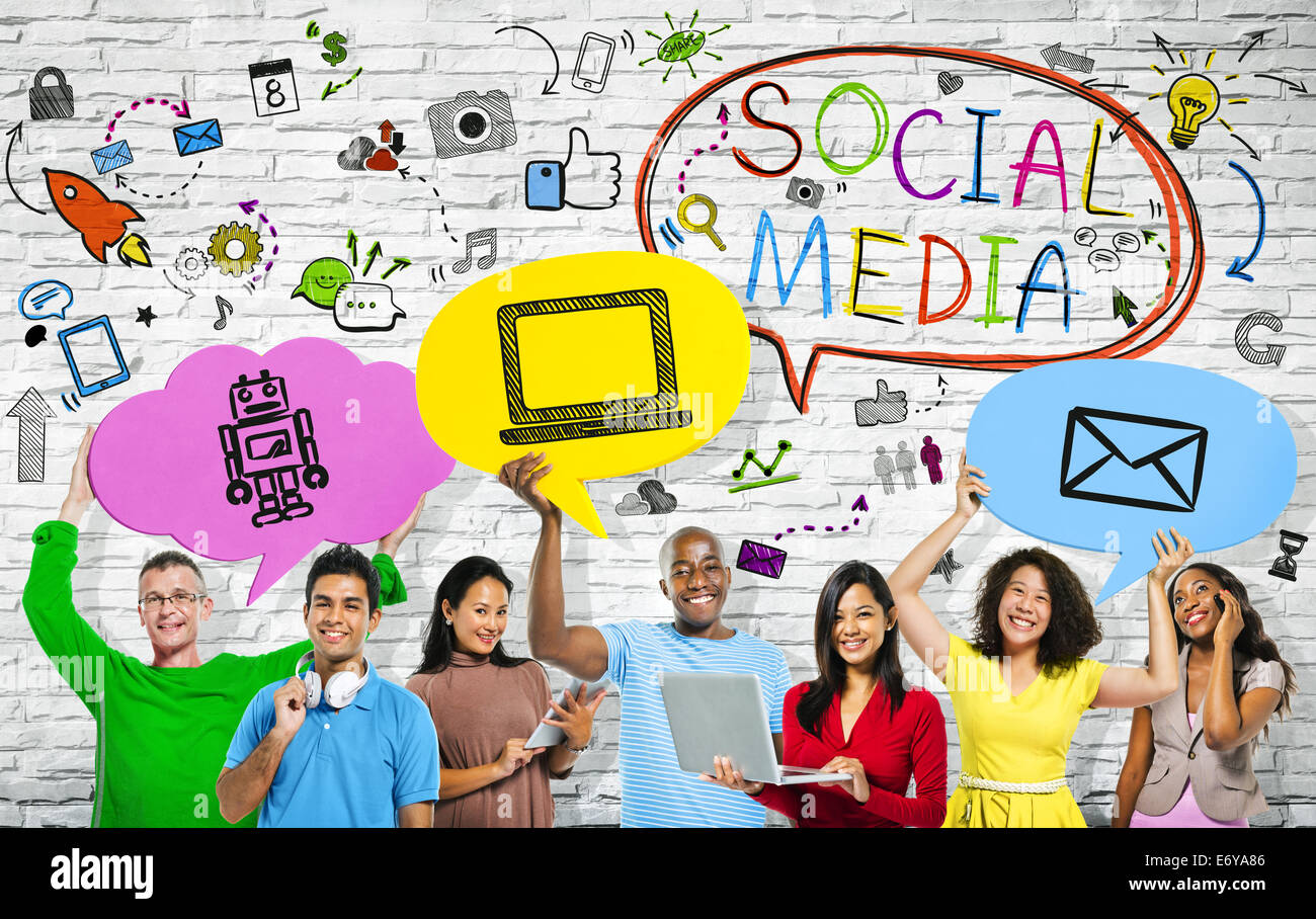 Social Media concetti con un multi-etnico gruppo di persone. Foto Stock