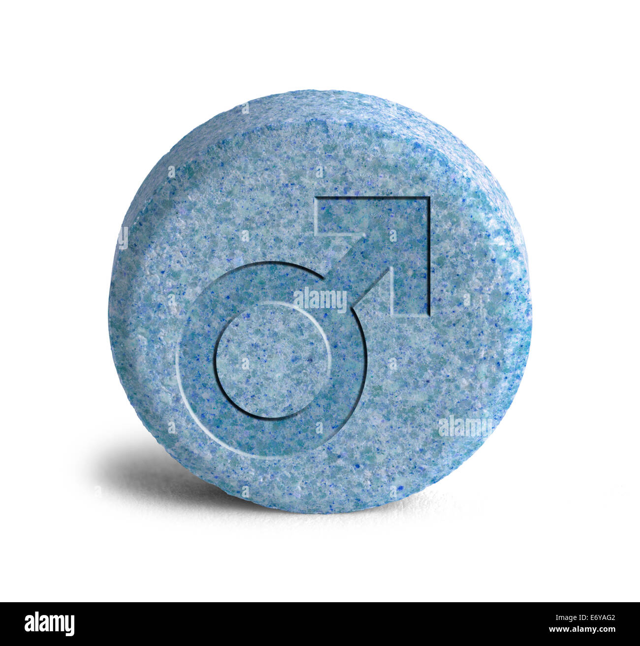 Grande pillola blu con un simbolo maschile isolato su sfondo bianco. Foto Stock