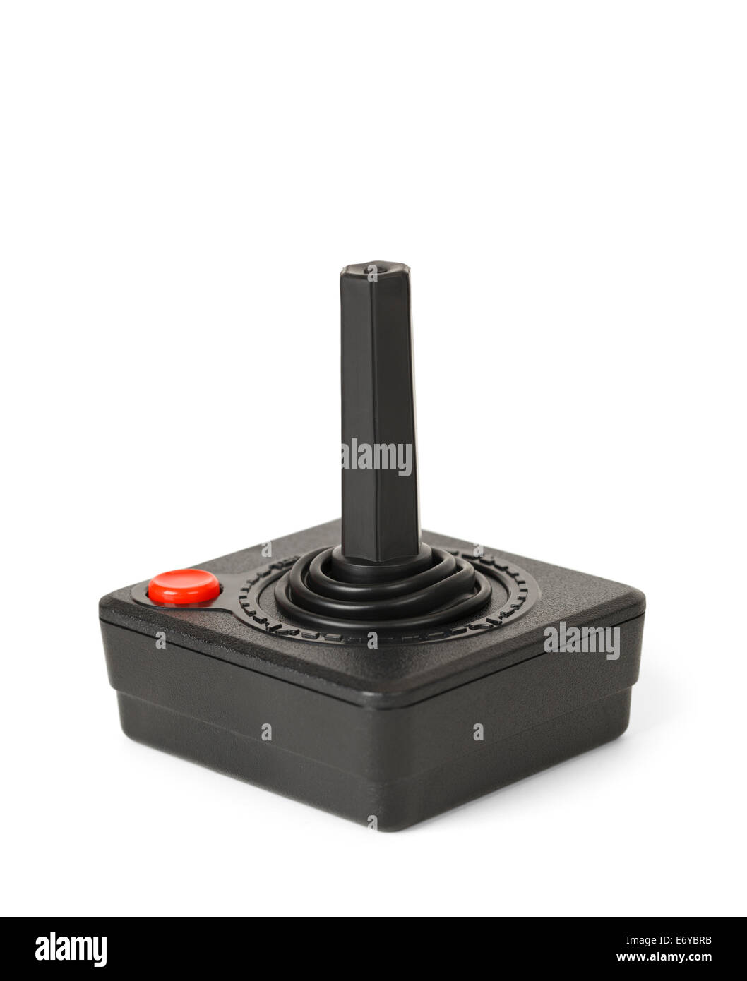 Old Black Joy stick con pulsante rosso isolato su sfondo bianco. Foto Stock