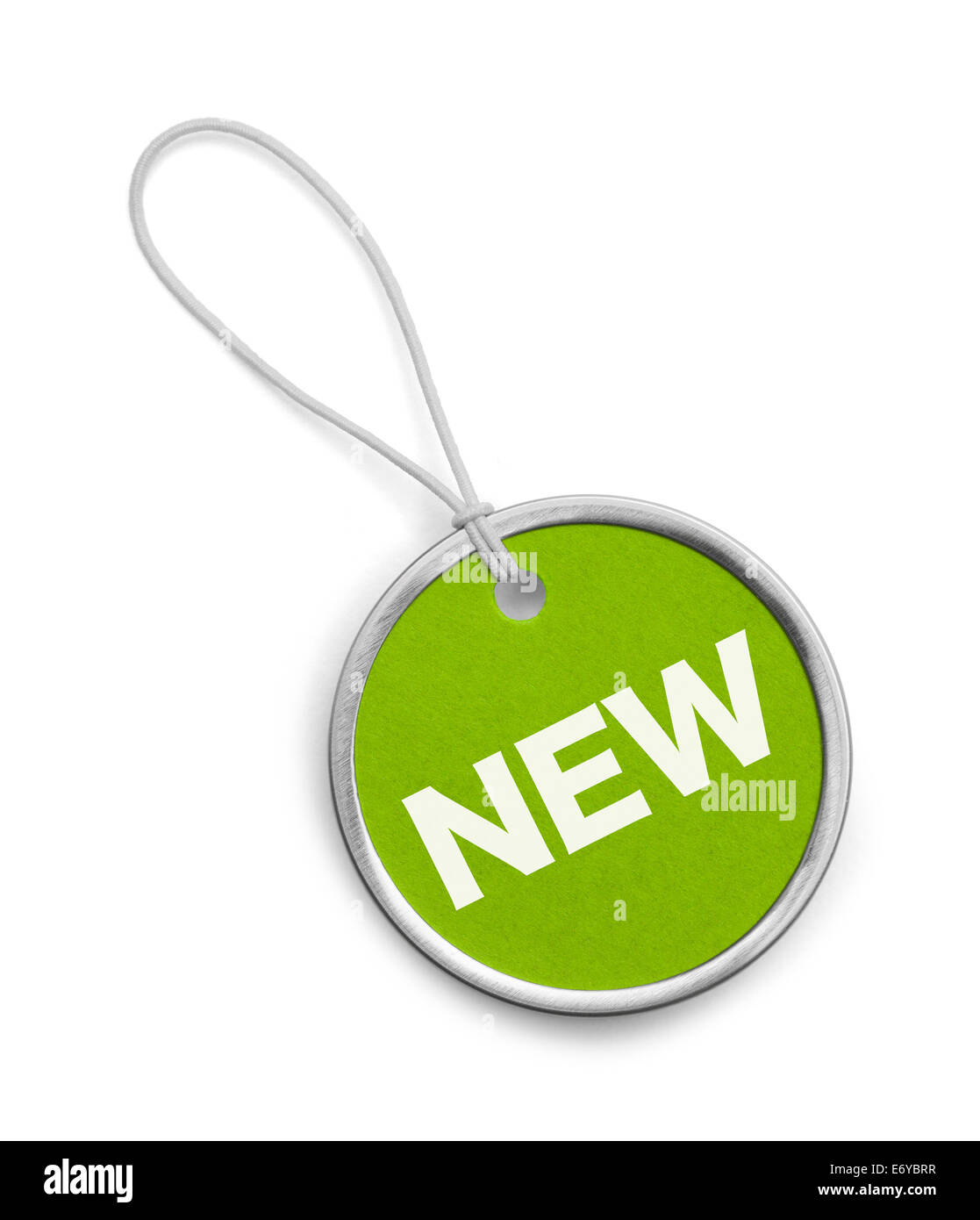 Green New Circle Tag isolati su sfondo bianco. Foto Stock Green New Circle Tag isolati su sfondo bianco. Foto Stock
