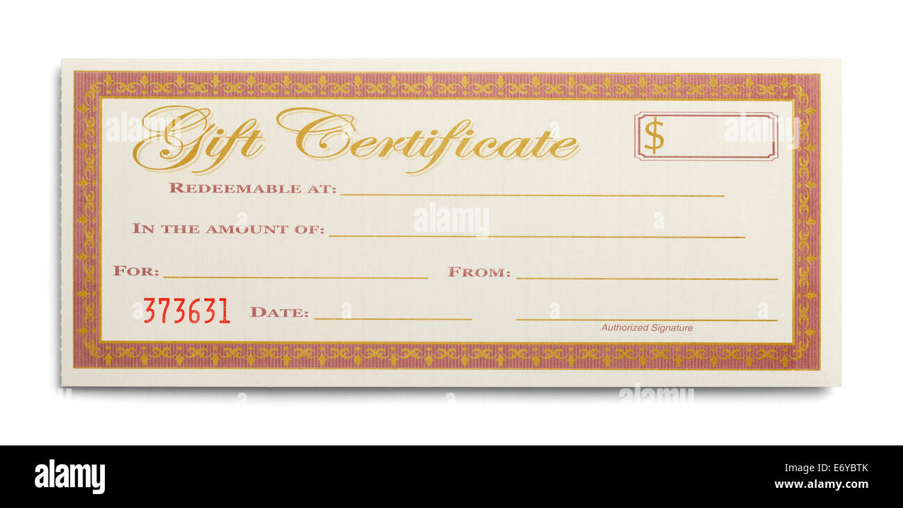 Blank Gift Certificate isolati su sfondo bianco. Foto Stock