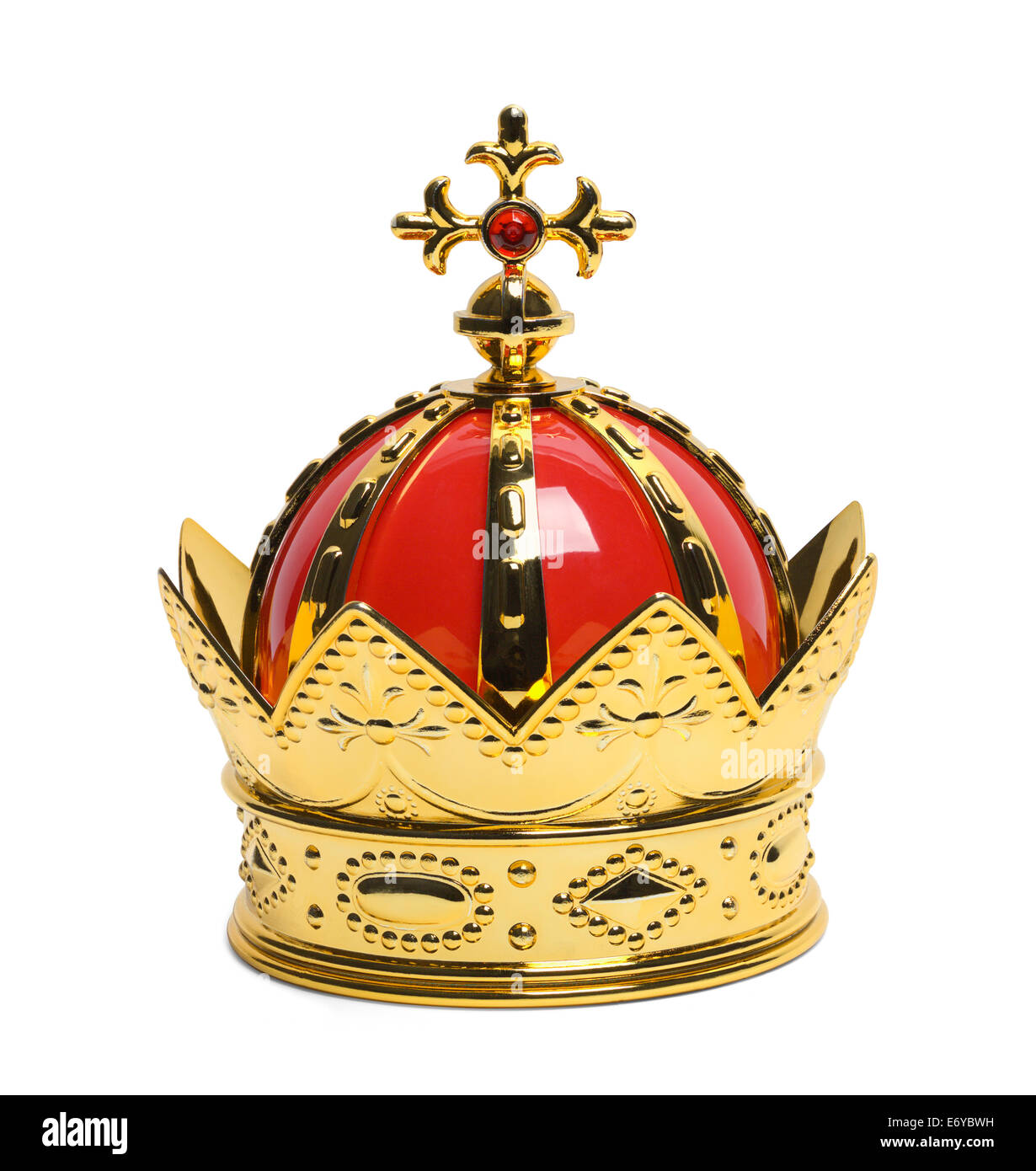Oro Kings Crown con croce isolati su sfondo bianco. Foto Stock