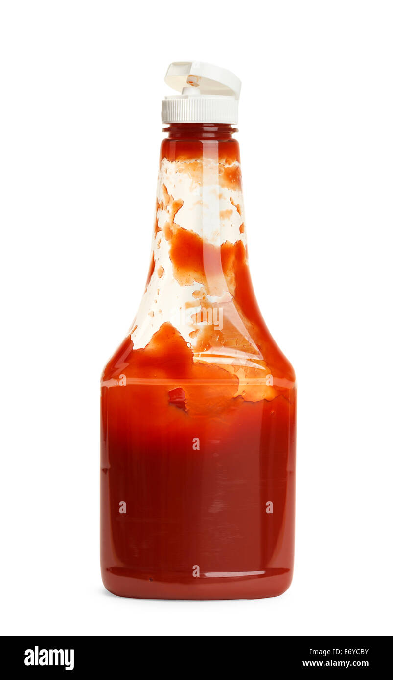 Aprire utilizzato una bottiglia di ketchup isolati su sfondo bianco. Foto Stock