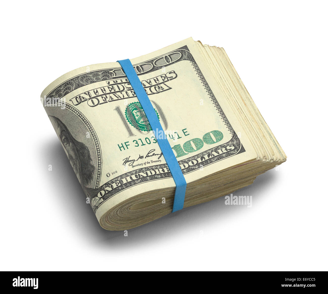 Grande pila di fogli piegati Hundred Dollar Bills isolati su sfondo bianco. Foto Stock
