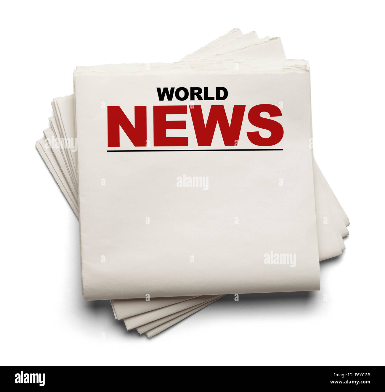 Pila di Blank World News paper isolati su sfondo bianco. Foto Stock