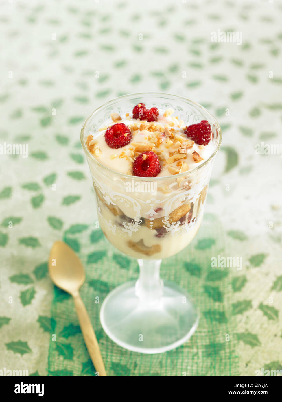 Mousse di yogurt con frutta secca e lamponi Foto Stock