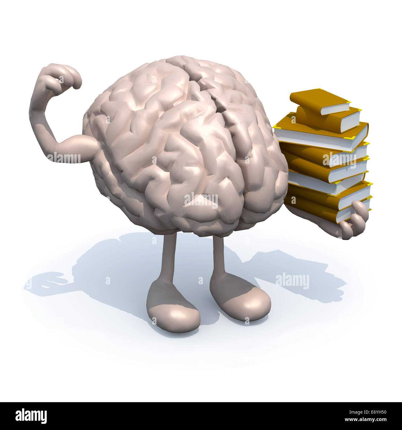 Cervello umano con le braccia, le gambe e molti libri su mano, cultura concetto power. Foto Stock