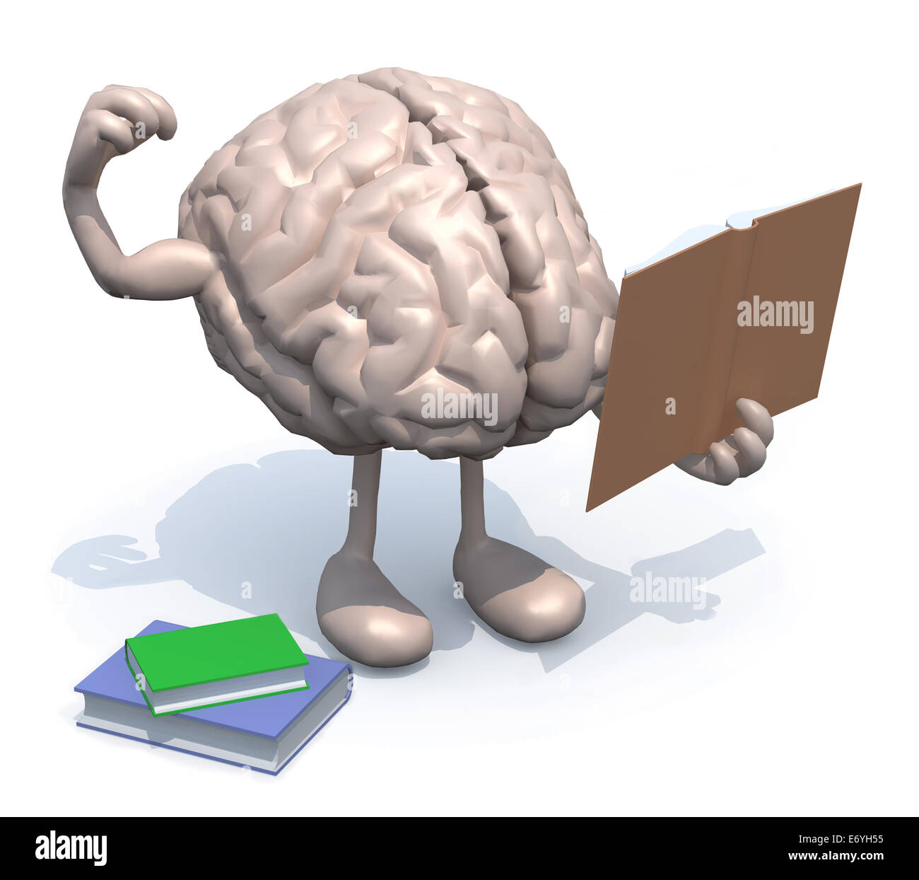 Cervello umano con le braccia, le gambe e molti libri su mano, cultura concetto power. Foto Stock