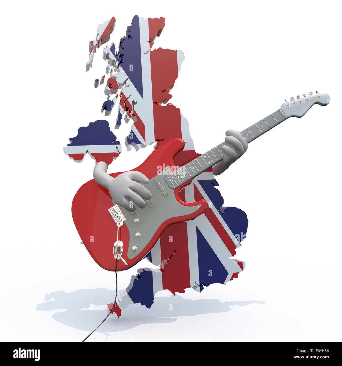 Inghilterra mappa con le armi che suonare la chitarra elettrica, 3d illustrazione Foto Stock
