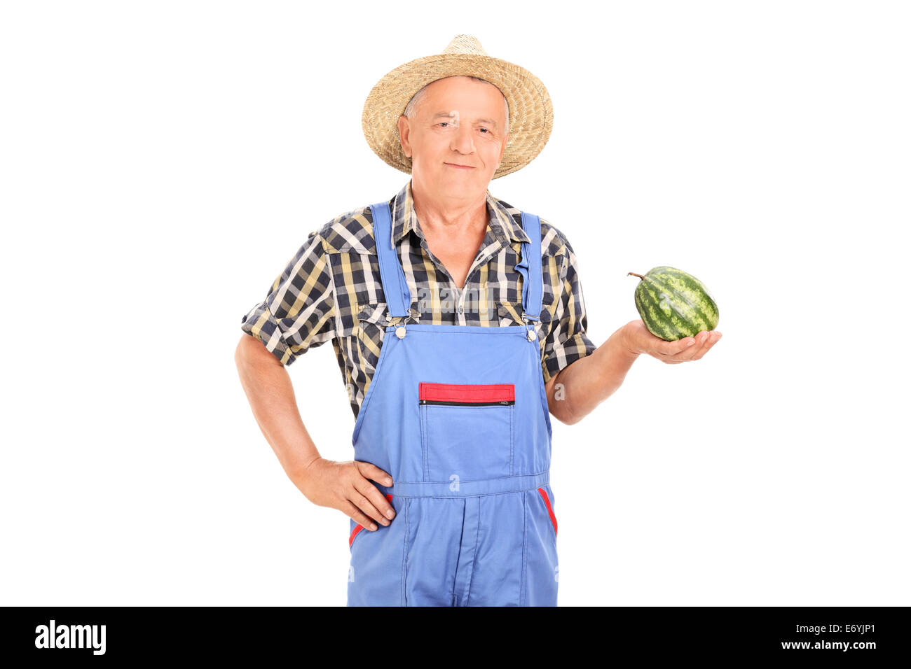 Lavoratore agricolo tenendo un piccolo cocomero Foto Stock