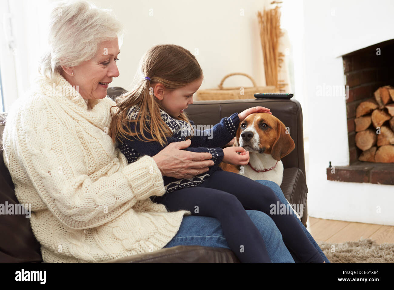 Nonna e nipote in un momento di relax a casa con il cane Foto Stock