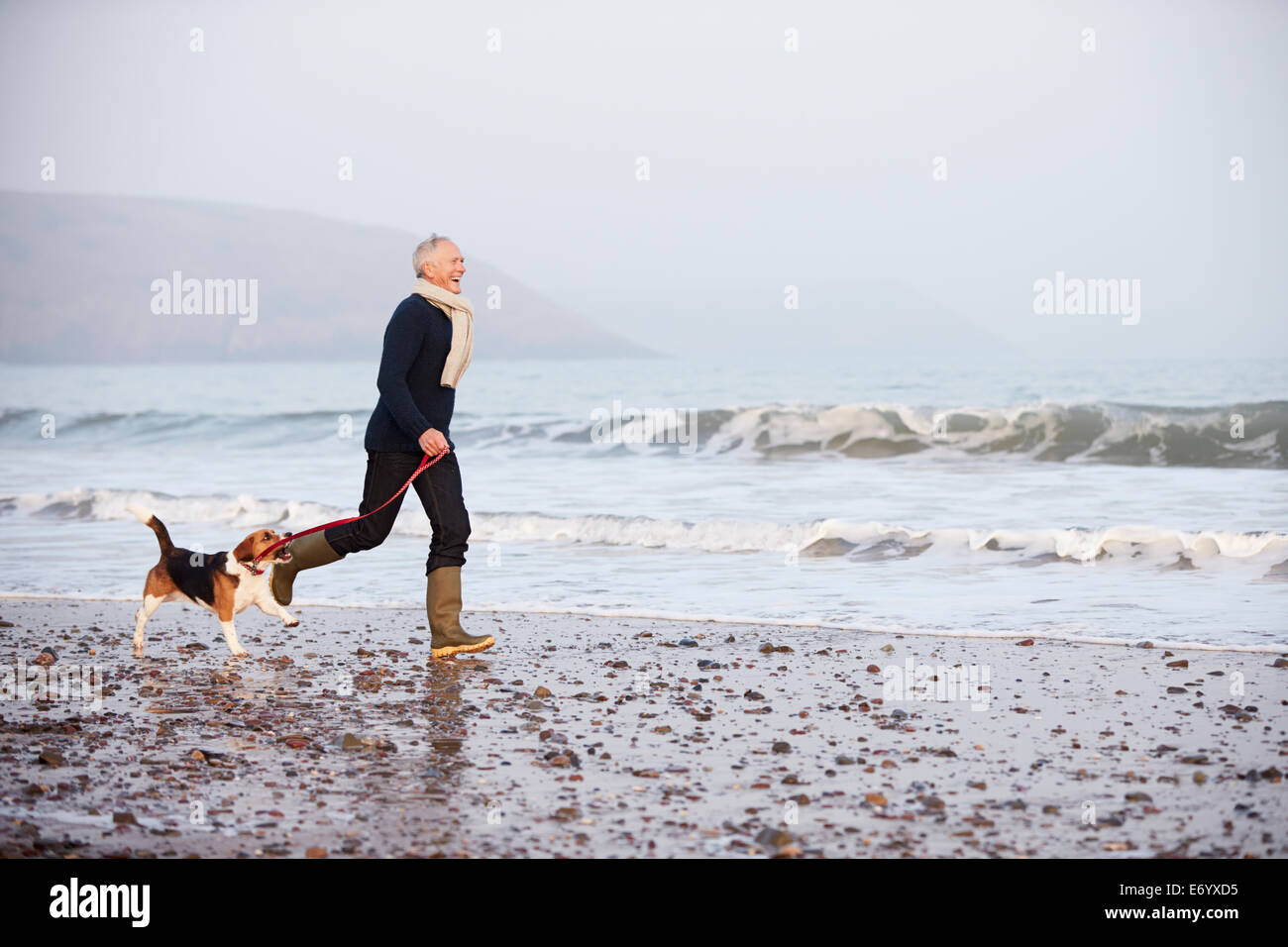 Senior uomo a camminare lungo la spiaggia invernale con cane Foto Stock