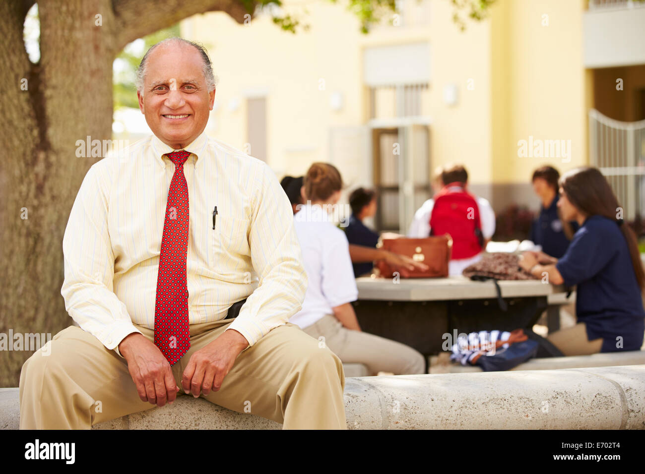 Ritratto di Insegnante di scuola superiore seduta sul campus della scuola Foto Stock