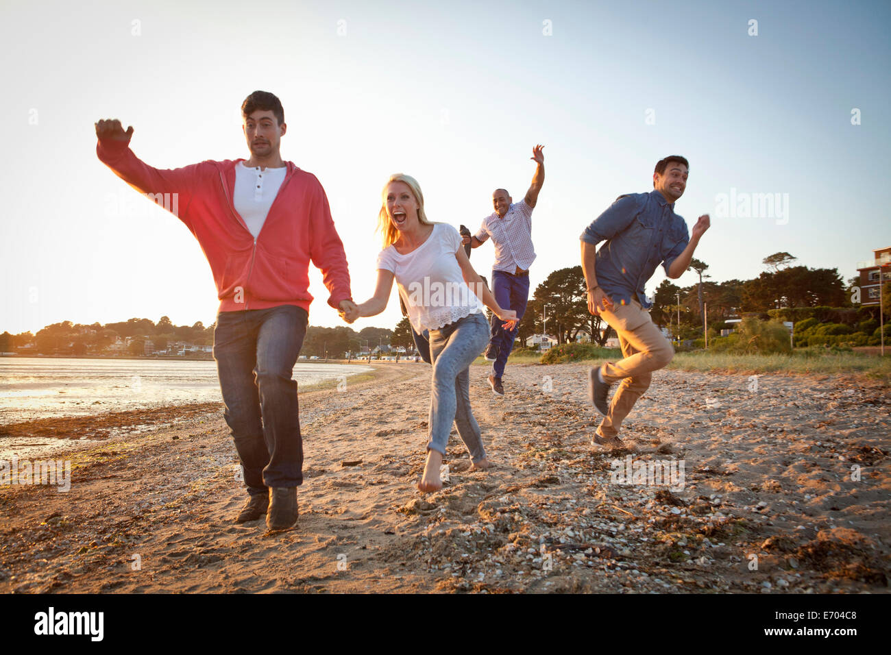 Gruppo di amici divertendosi sulla spiaggia Foto Stock