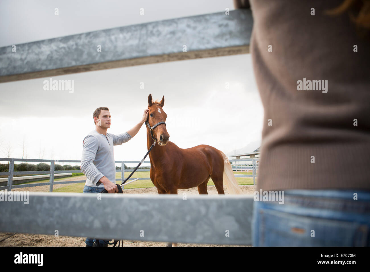Giovane donna guardando stablehand con cavallo in anello del paddock Foto Stock