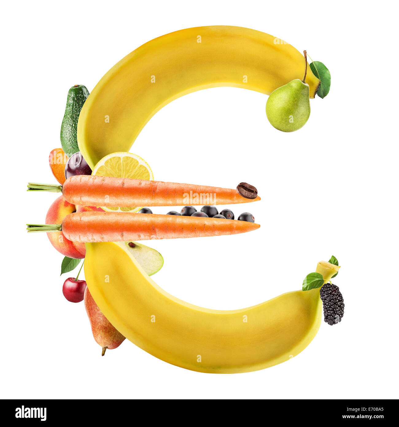 Euro segno fatto di frutti verdi su sfondo bianco Foto Stock