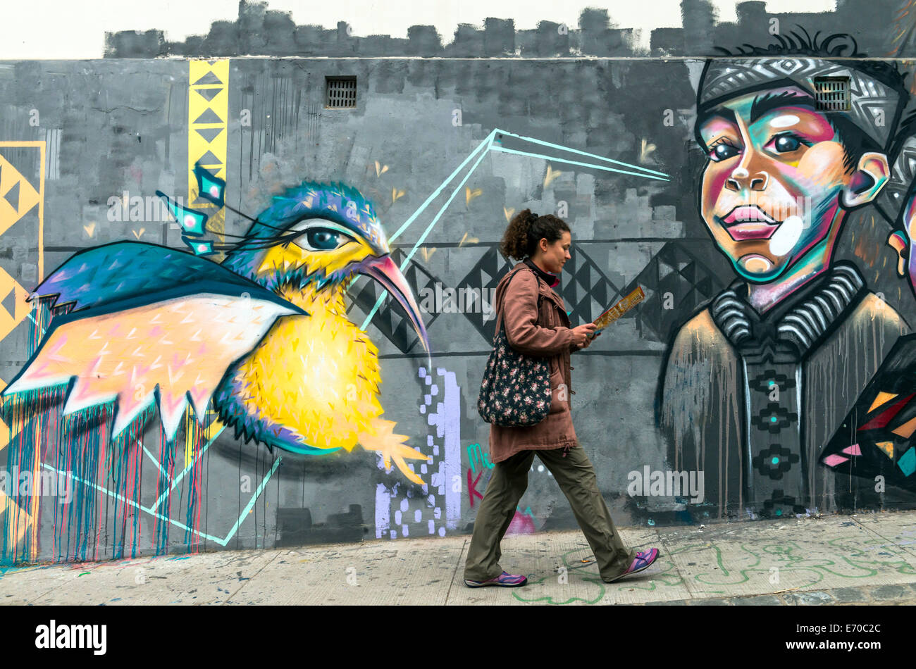 Donna che cammina da un murale in Valparaiso, Cile, Sud America Foto Stock