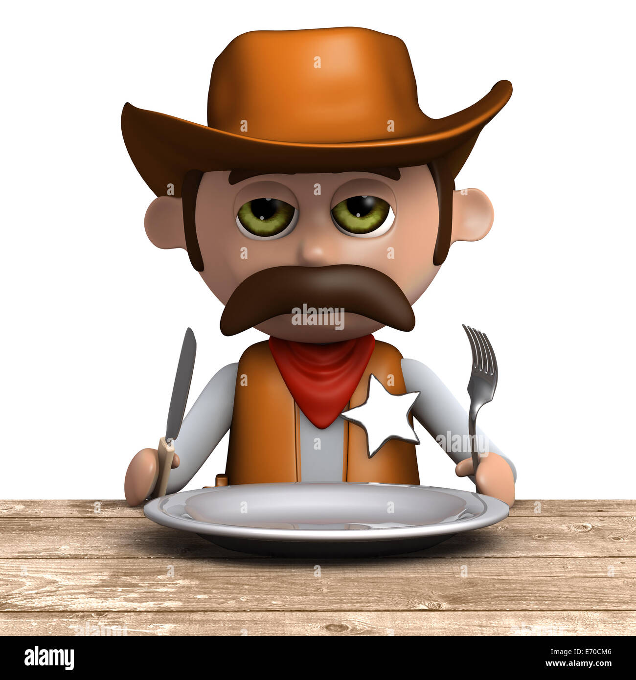 3D render di un cowboy seduti al tavolo per la cena Foto Stock