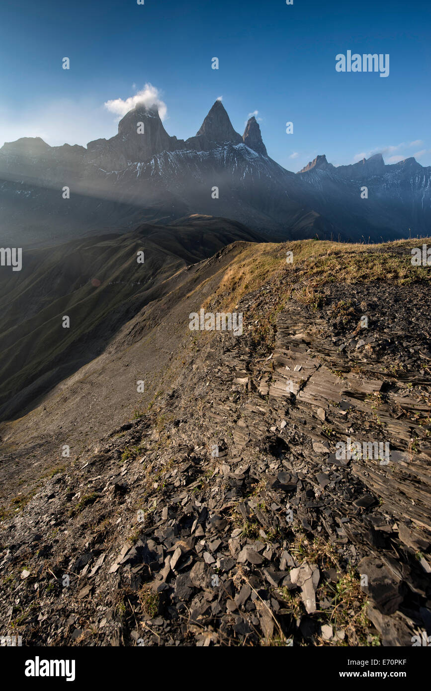 Le Aiguilles d'Arves mountain, Pelvoux, Dauphiné Alpi, Savoie, Francia Foto Stock