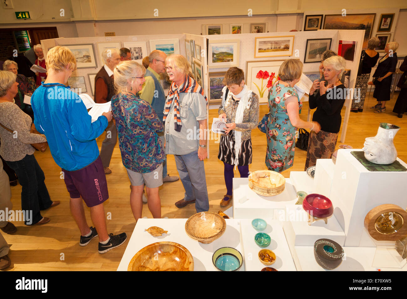 Gli ospiti si affollano la sala espositiva per visualizzare le esposizioni all'Petersfield Arti e Mestieri 2014 Anteprima della Fiera di sera. Foto Stock