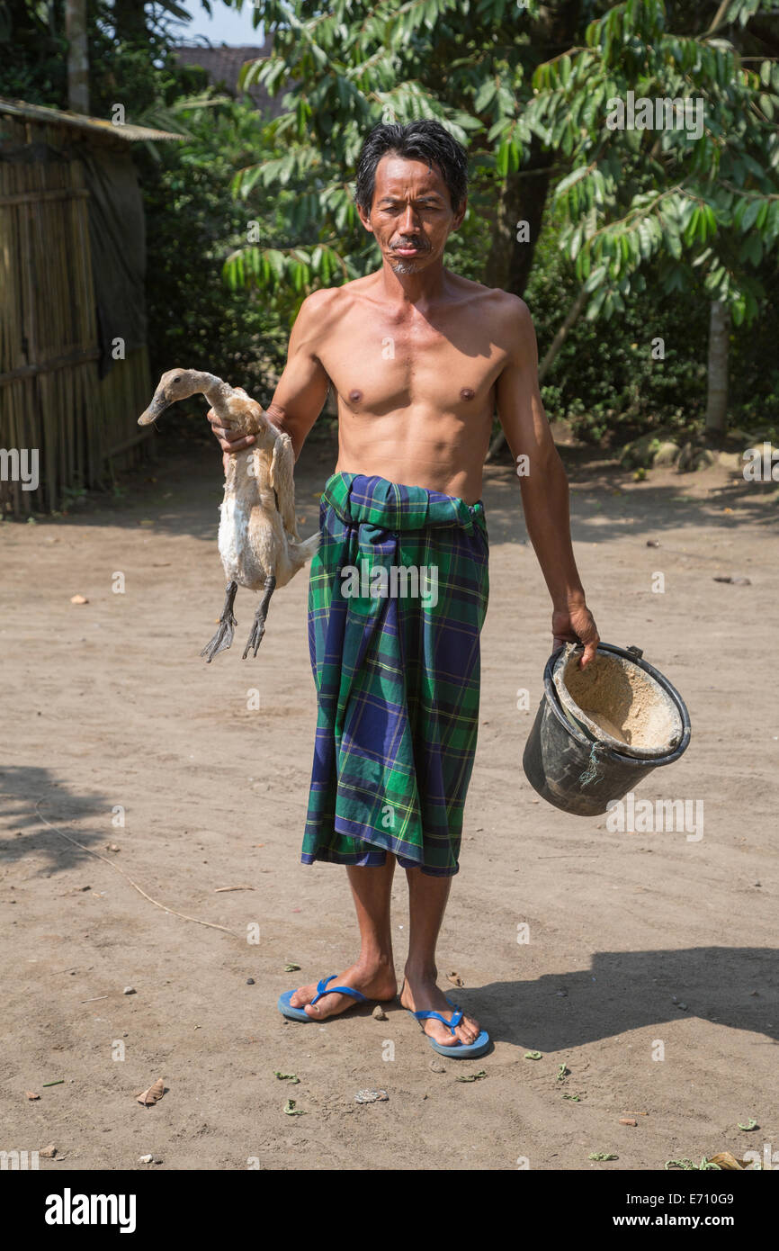 Borobudur, Java, Indonesia. Villaggio giavanese uomo che porta un anatra. Foto Stock