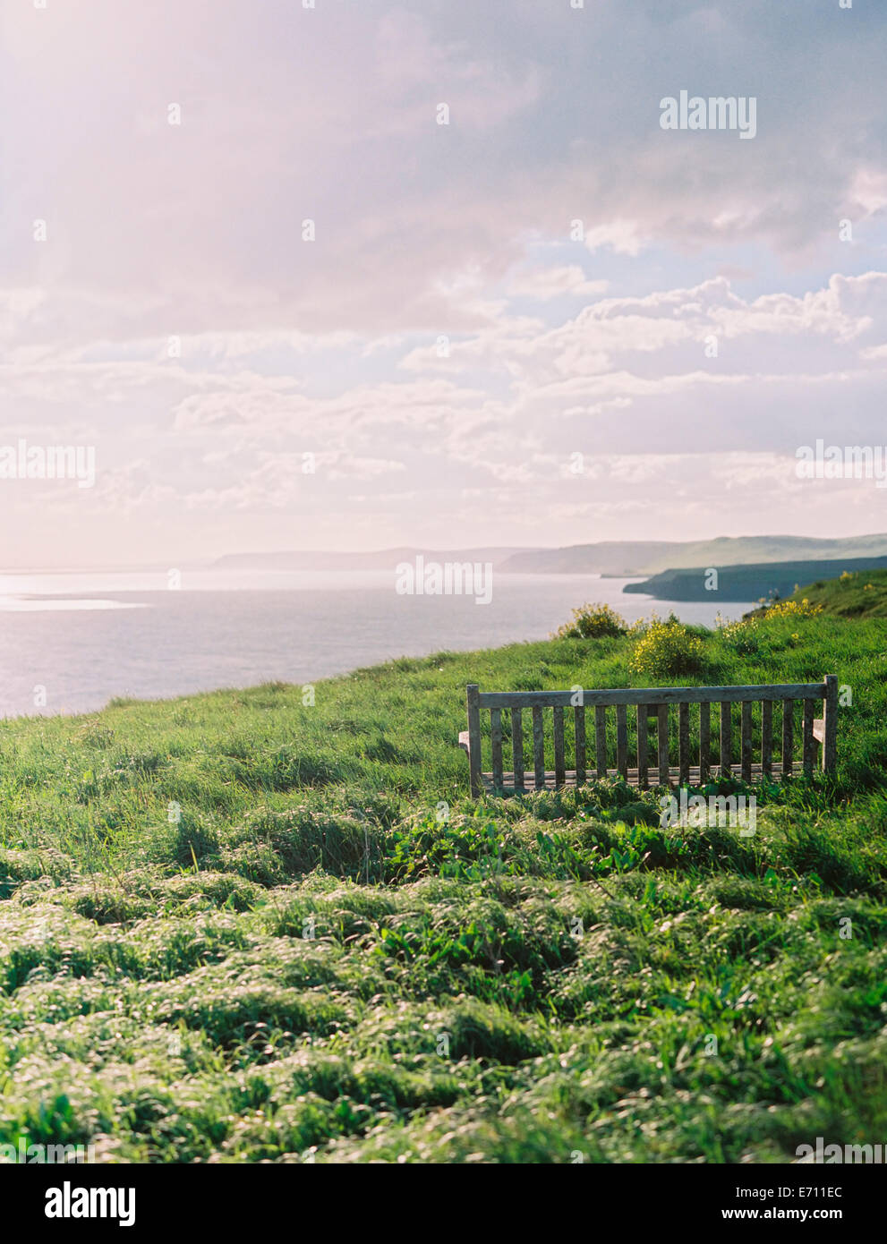 Una vista lungo l'erba clifftops del litorale del sud dell'Inghilterra. Vista sul mare. Foto Stock