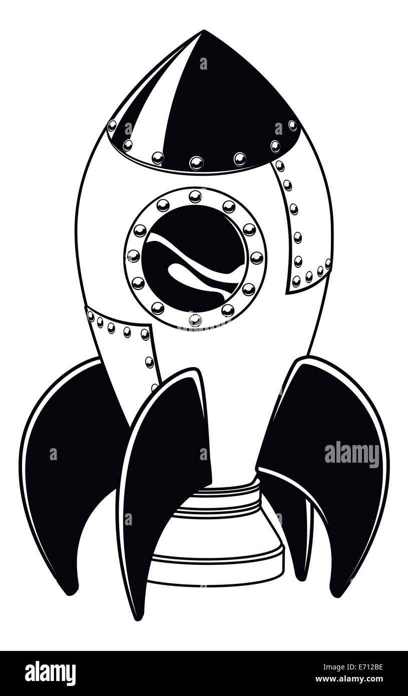 Illustrazione di un cartone animato a razzo nave dello spazio in bianco e nero Foto Stock