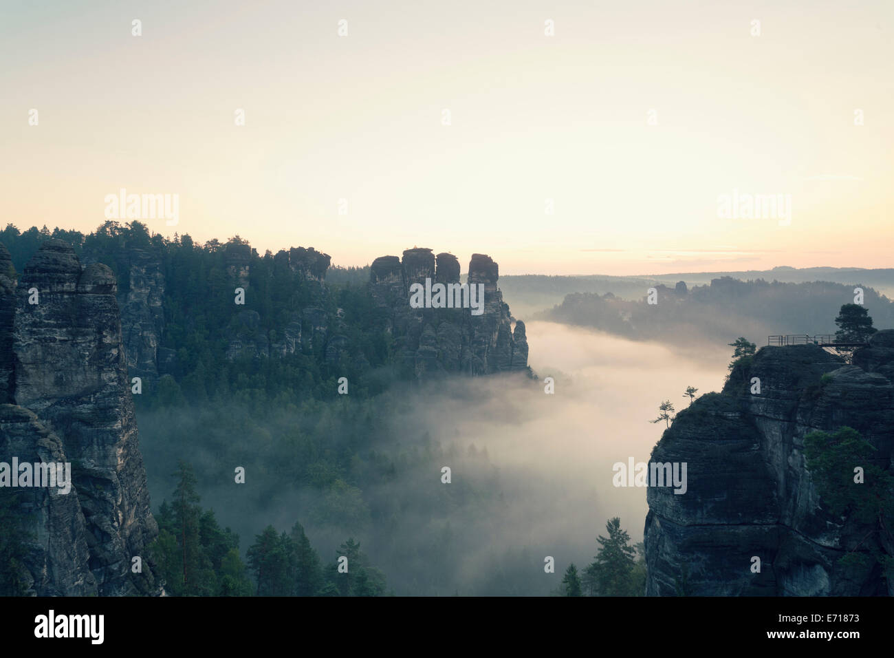 In Germania, in Sassonia, vista Gansfels all Elba montagne di arenaria nella nebbia di mattina Foto Stock