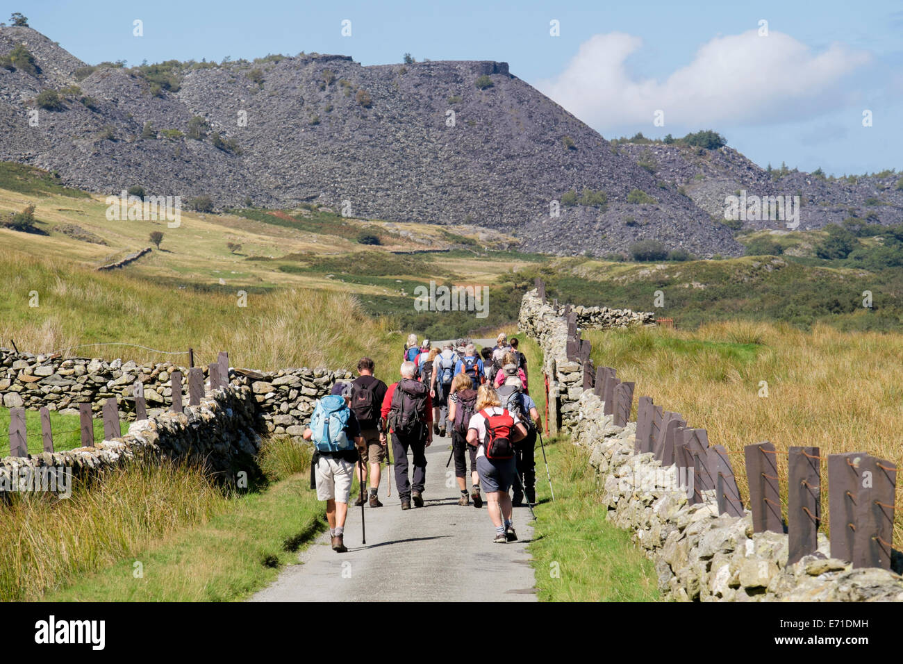 Gruppo di escursionisti a piedi club escursionismo su un vicolo del paese di Nant Ffrancon valley nel Parco Nazionale di Snowdonia. Bethesda, Gwynedd, Galles del Nord, Regno Unito Gran Bretagna Foto Stock