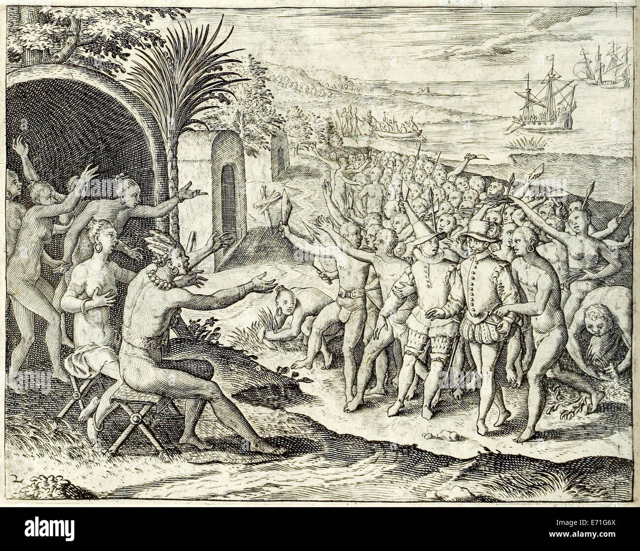 Arrivano portoghesi in Africa da 'Indiae Orientalis' 1599 da Theodor de Bry. Vedere la descrizione per ulteriori informazioni. Foto Stock