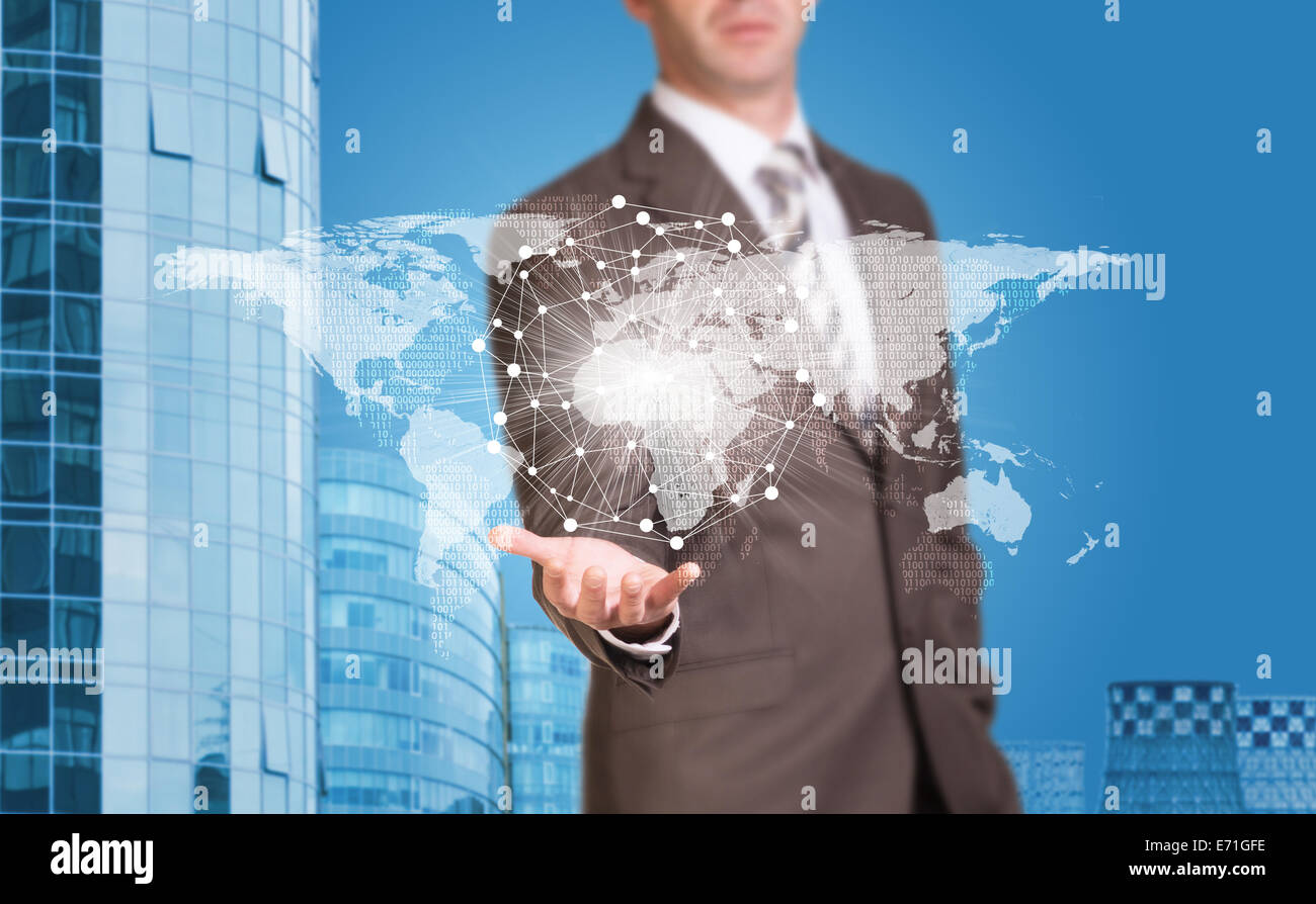 Business man tenere mappa del mondo e filo-sfera telaio Foto Stock
