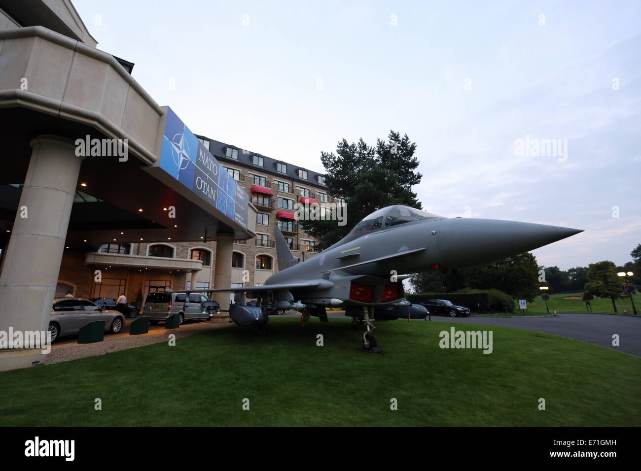 Newport, Wales, Regno Unito. Il 3 settembre, 2014. Nella foto: un aereo militare di fronte al Celtic Manor Hotel, il luogo di ritrovo principale per il vertice della NATO. Re: Vertice NATO, Celtic Manor vicino a Newport, South Wales UK Credit: D Legakis/Alamy Live News Foto Stock