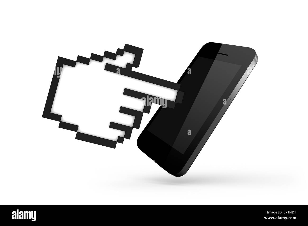 Shopping online concetto, il mouse del computer cursore mano simbolo con schermo vuoto smart phone, isolato su sfondo bianco. Foto Stock