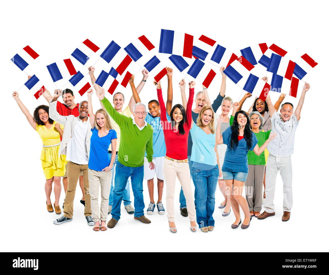Multi-Ethnic Gruppo di diverse persone contente e azienda bandiera nazionale della Francia Foto Stock