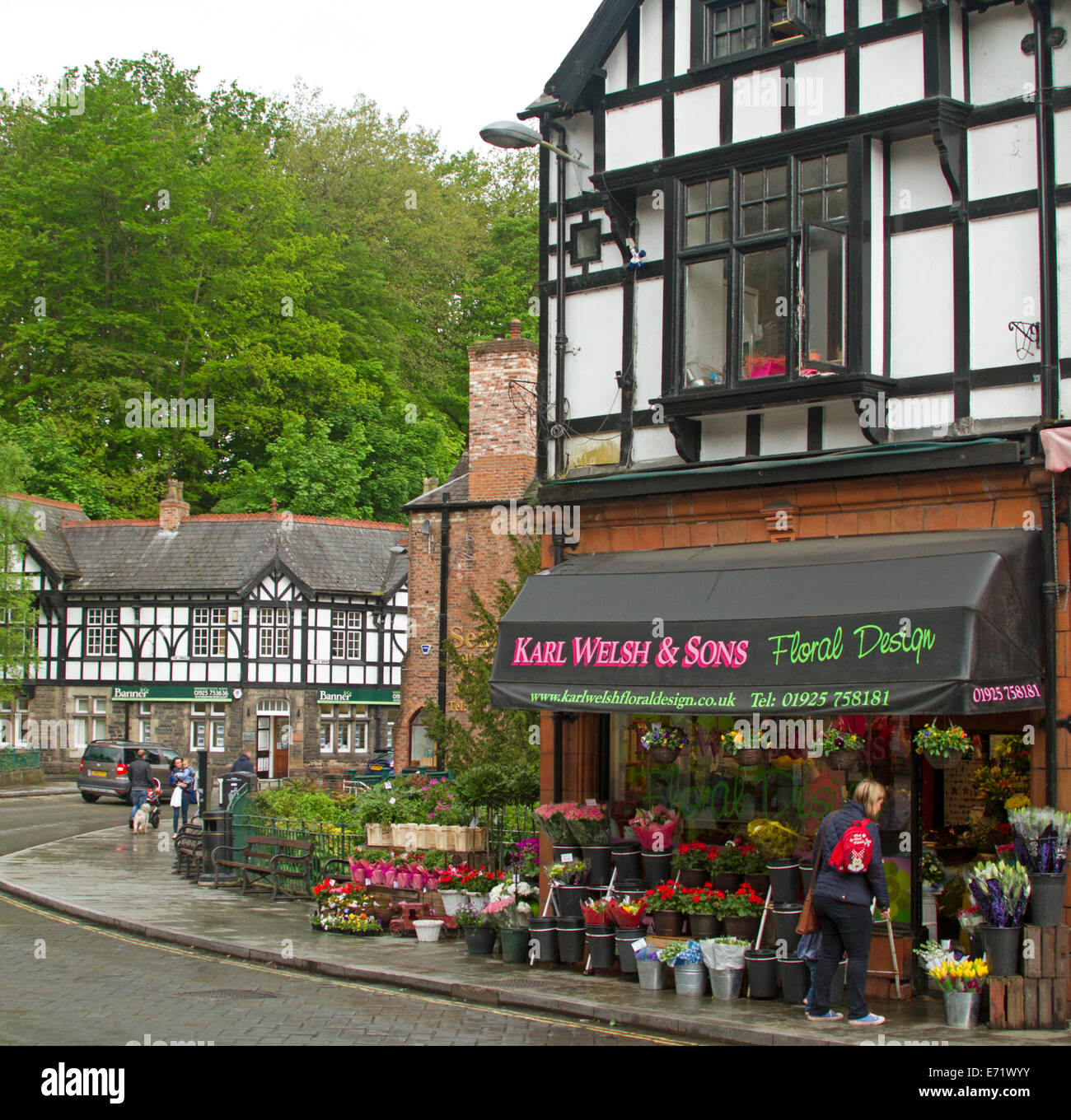 Strada principale e fioraio con la donna ammirando colorato display sentiero al pittoresco villaggio di Lymm nel Cheshire, Inghilterra Foto Stock