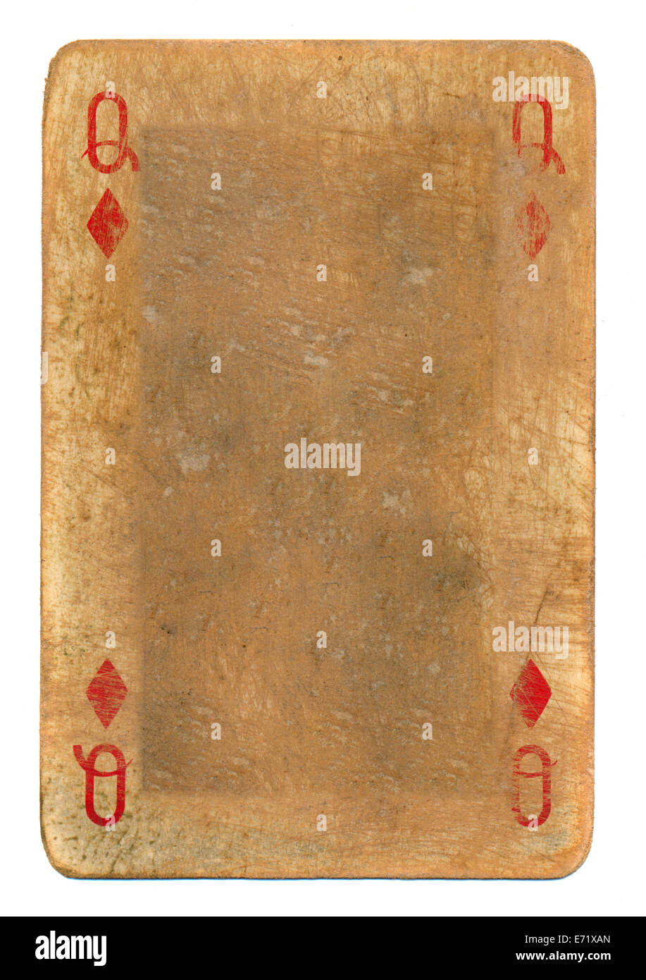 Antica sporco grunge carta da gioco regina di diamanti sfondo della carta isolato su bianco Foto Stock