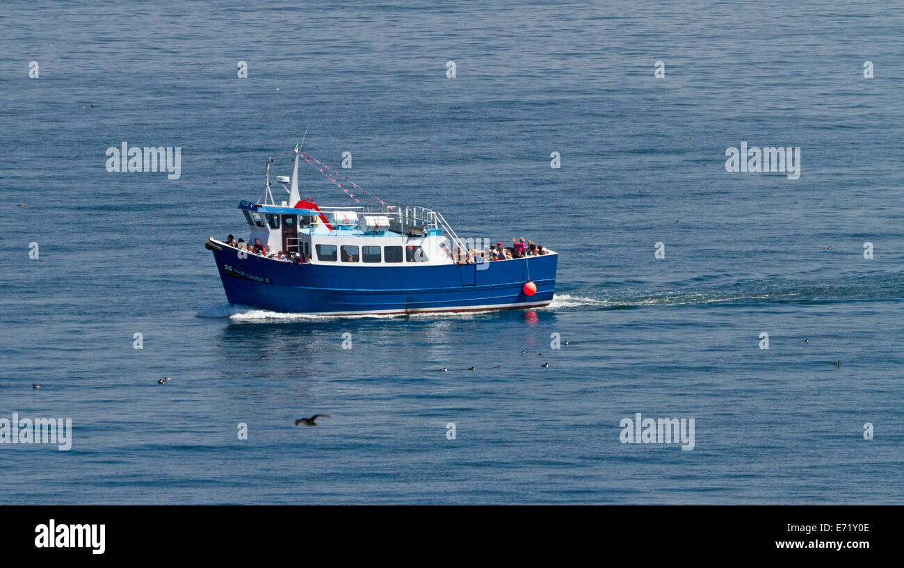Tour in barca con passeggeri sulle calme acque blu del Mare del Nord in direzione di farne isole vicino inglese villaggio costiero di Seahouses Foto Stock