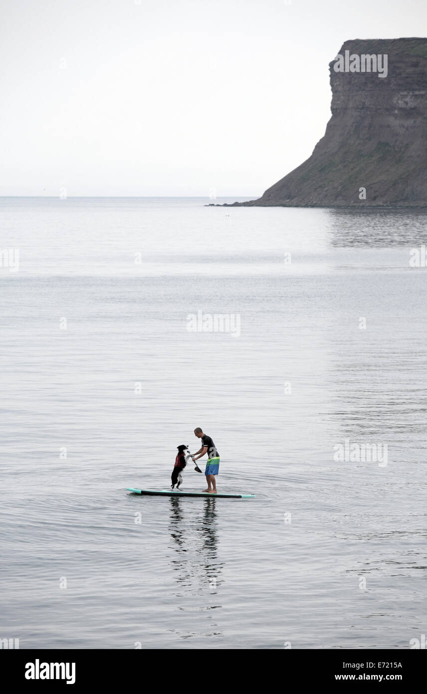 Saltburn dal mare, Cleveland, Regno Unito. 3 Sep, 2014. 34 enne Sam Davis practice trucchi durante l'attesa di una onda con il suo cane surf 'Meg" presso la località balneare di Saltburn dal mare, Cleveland, Regno Unito. 3 Sep, 2014. Credito: Stuart Boulton/Alamy Live News Foto Stock