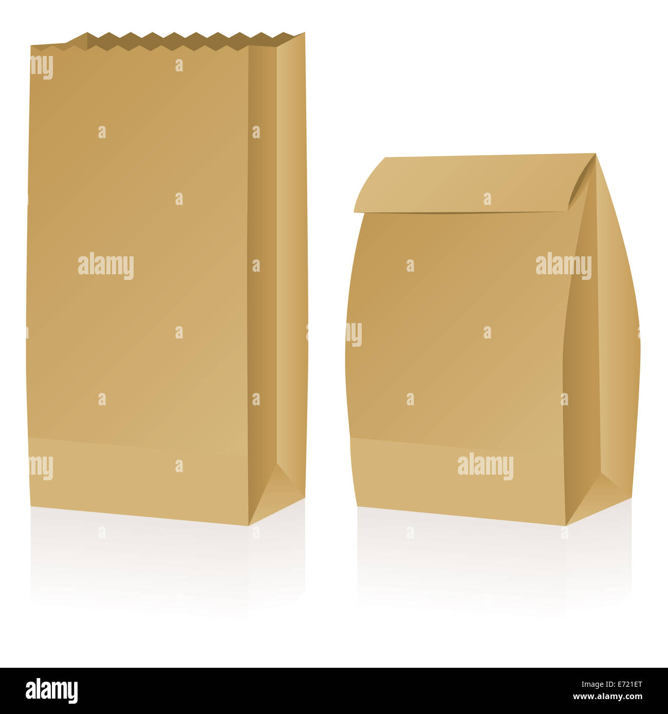 Due borse di carta marroni, uno aperto l'altro chiuso. Foto Stock Due borse di carta marroni, uno aperto l'altro chiuso. Foto Stock