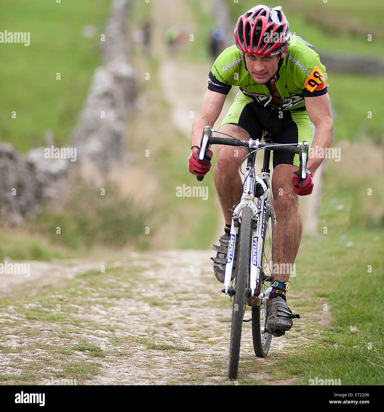 Un ciclista racing Penyghent discendente in corsia tre picchi di ciclocross. Foto Stock