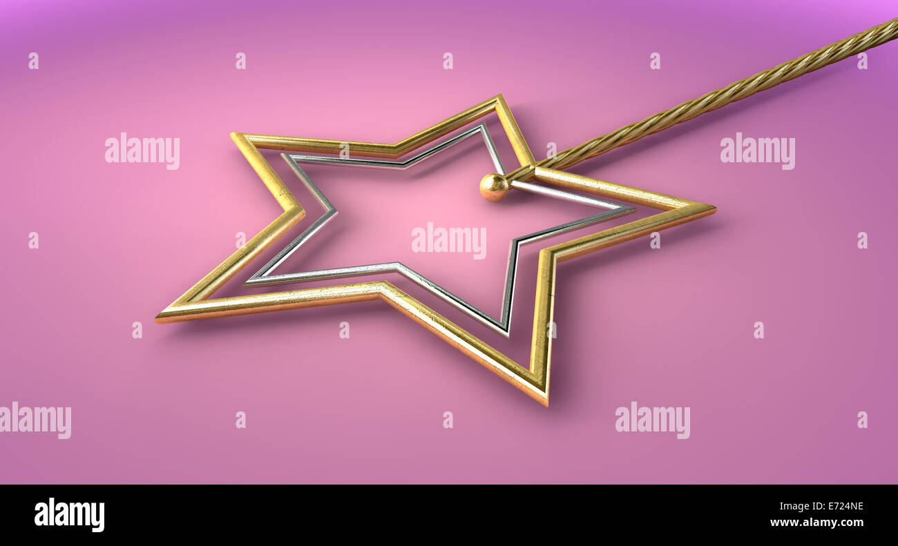 Un concetto che mostra un mitico Magic wand realizzati con oro e argento stelle isolato su un superficie di rosa Foto Stock