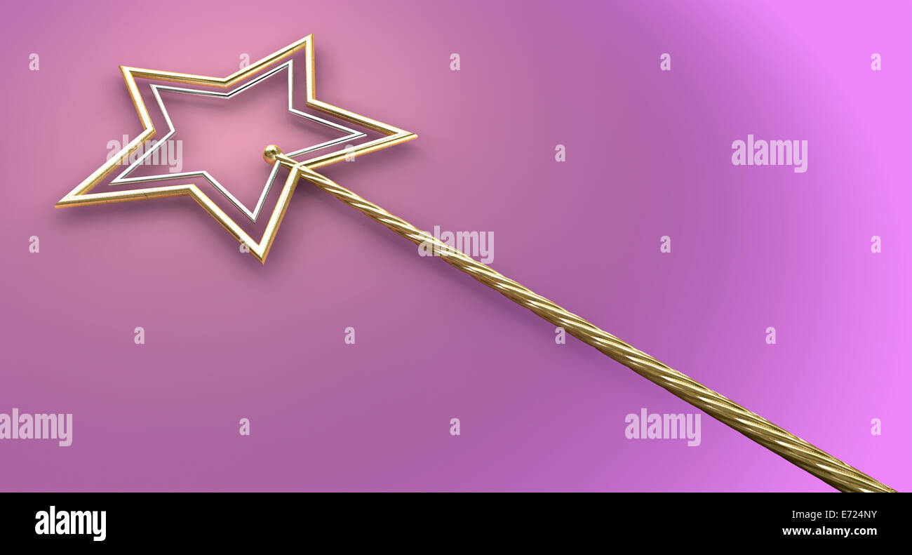 Un concetto che mostra un mitico Magic wand realizzati con oro e argento stelle isolato su un superficie di rosa Foto Stock