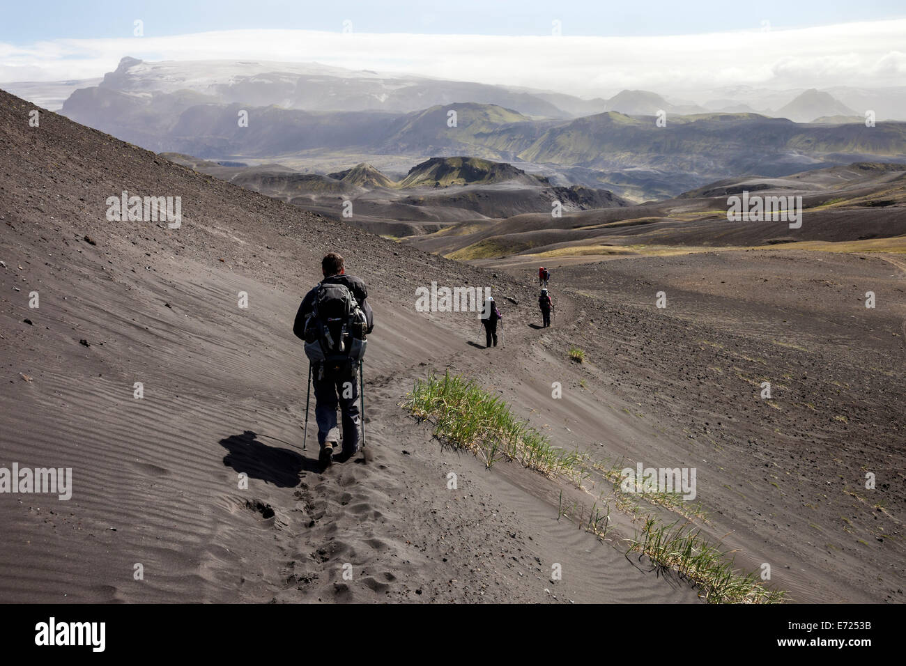 Il Laugavegur Hiking Trail e il Ghiacciaio Myrdalsjokull sotto il quale si trova il vulcano Katla, Emstrur Islanda Foto Stock